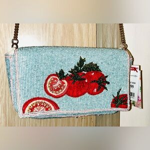 NWT made In India Beaded Tomato Embroidered Crossbody Bag - Light Blue